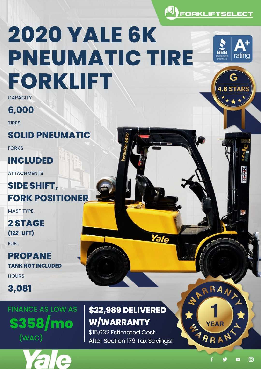 2020 Yale 6K Pneumatic Tire Forklif...