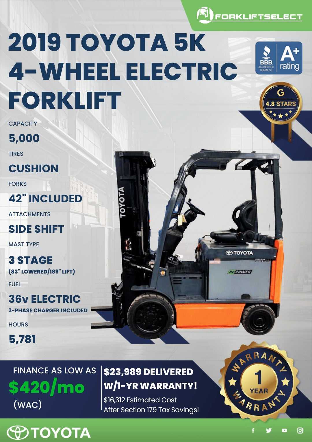2019 Toyota 5K Cushion Tire Forklif...