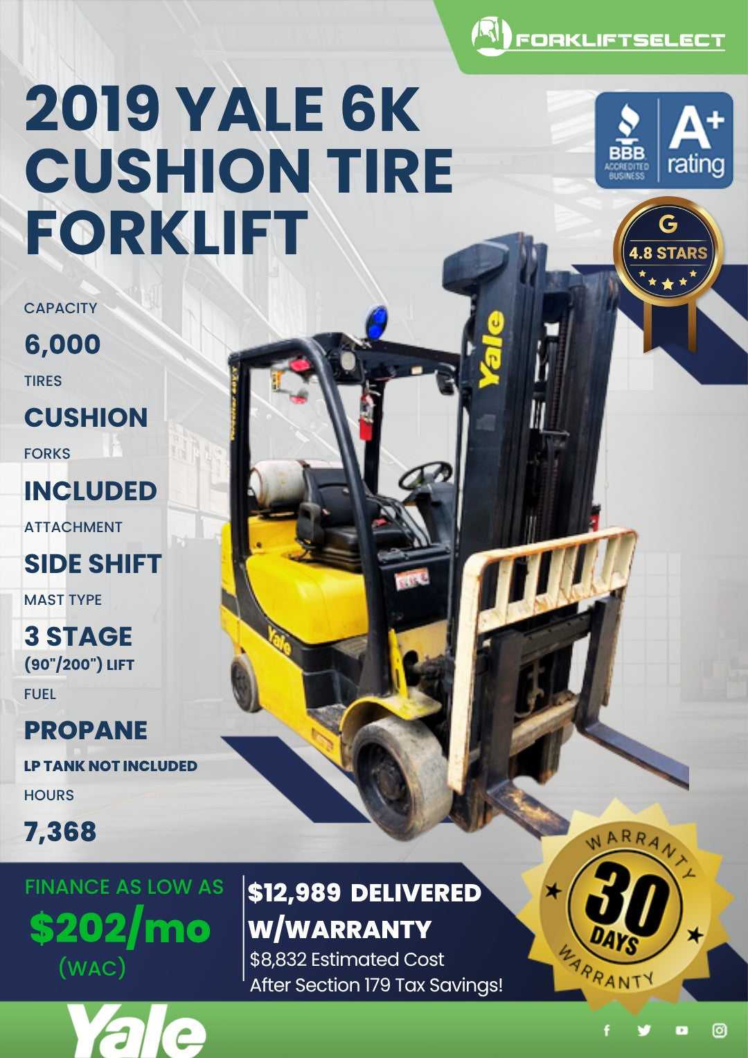 2019 Yale 6K Cushion Tire Forklift
