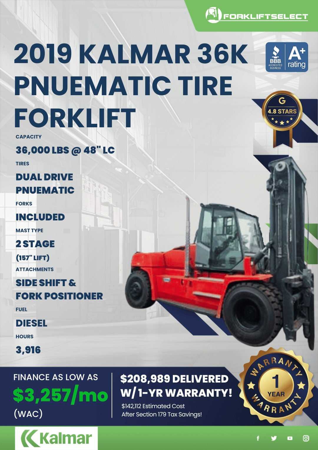2019 Kalmar 36K Pneumatic Tire Forklift