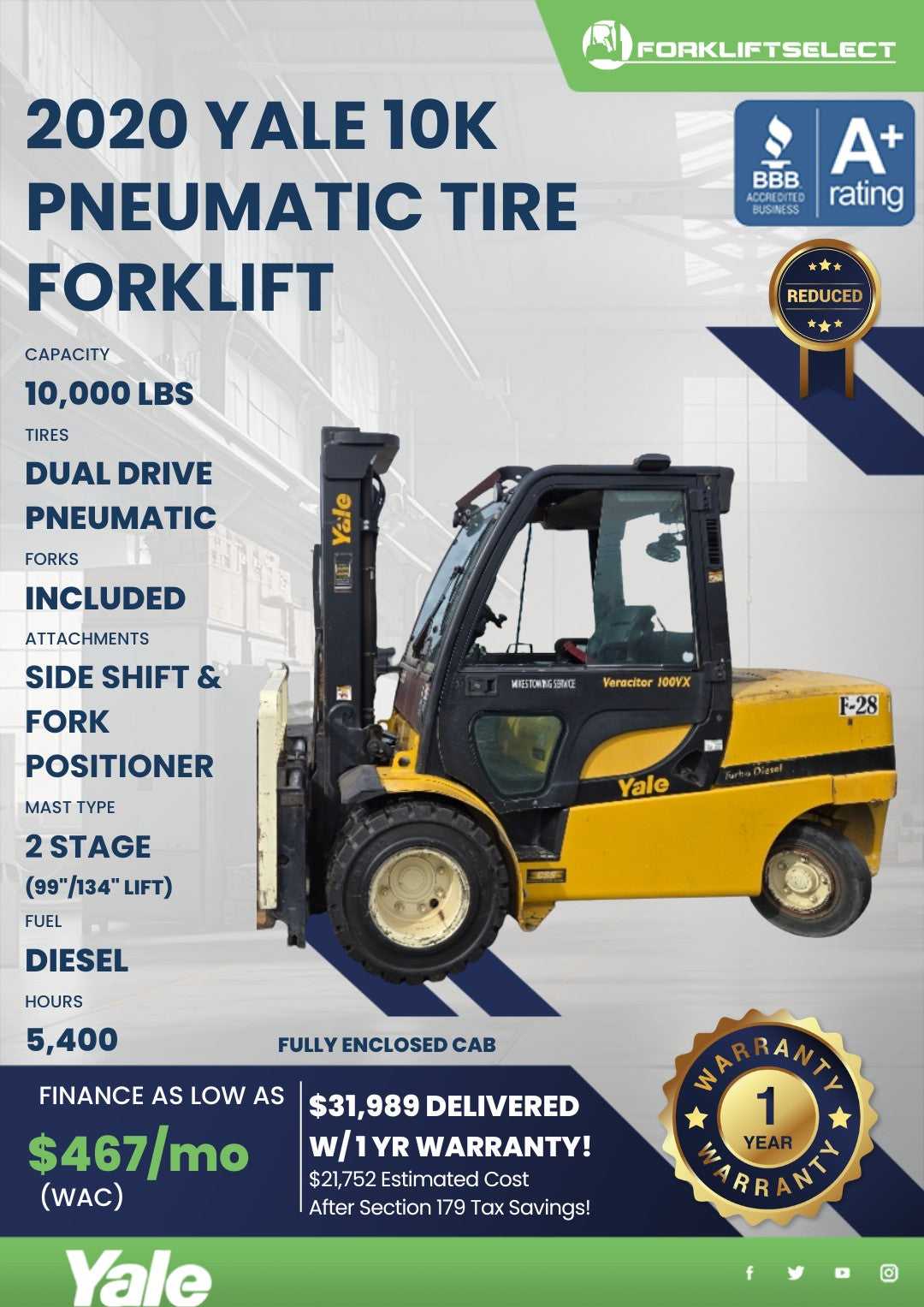 2020 Yale 10K Pneumatic Tire Forkli...