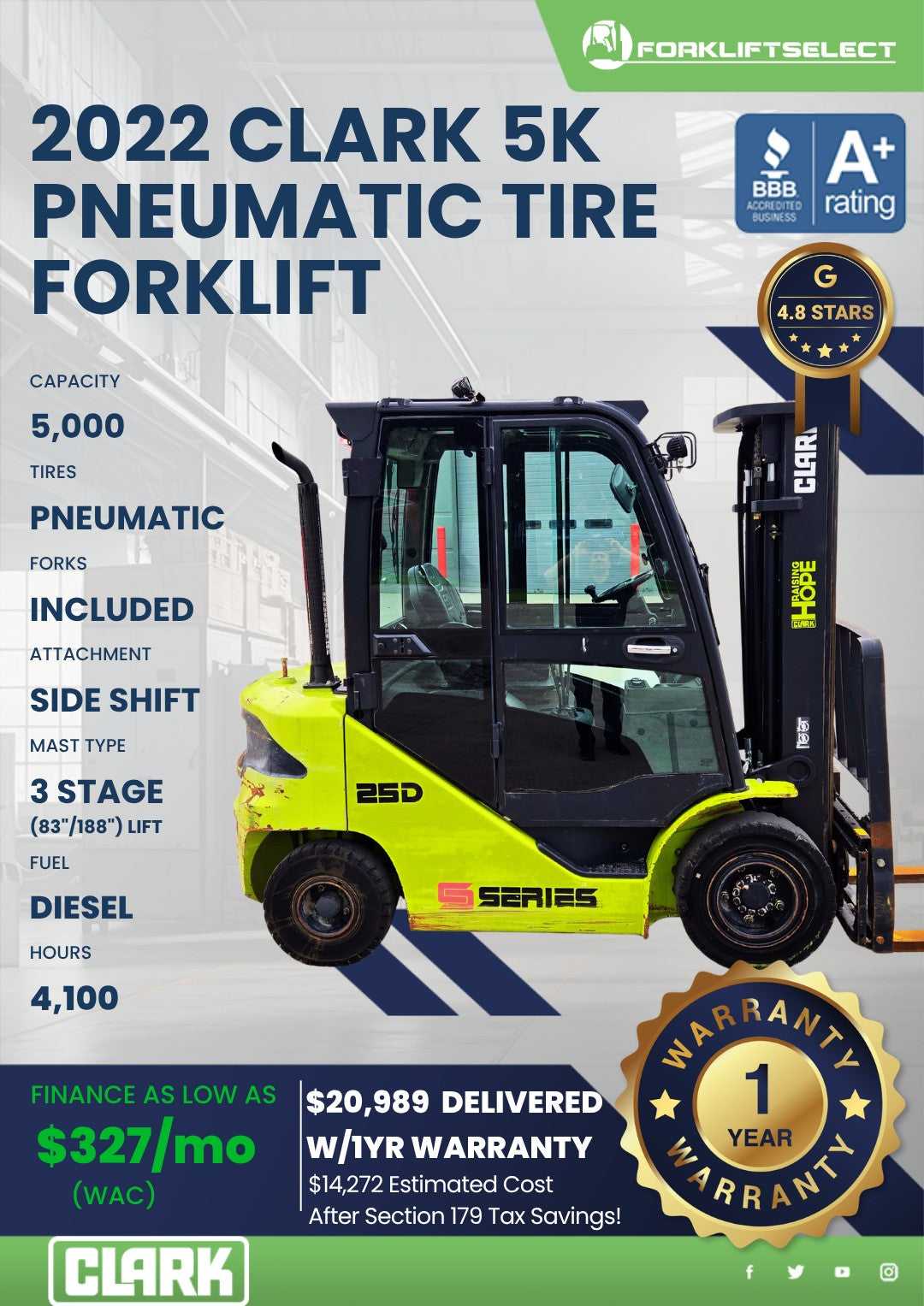 2022 Clark 5K Pneumatic Tire Forkli...