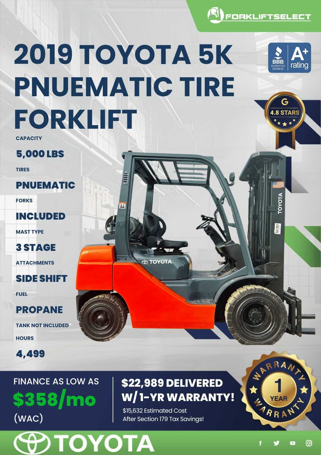 2019 Toyota 5K Pneumatic Tire Forkl...