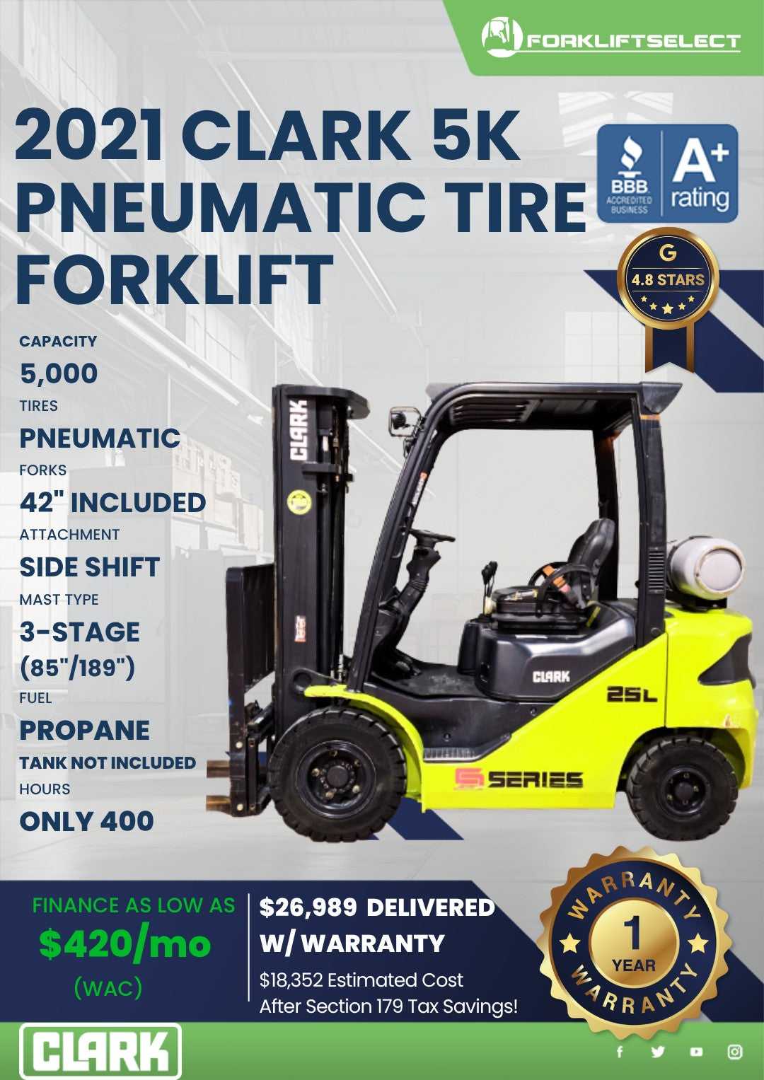 2021 Clark 5K Pneumatic Tire Forkli...