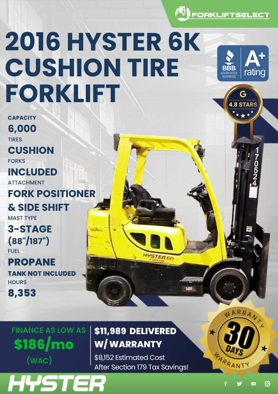 2019 Hyster 6K Cushion Tire Forklif...