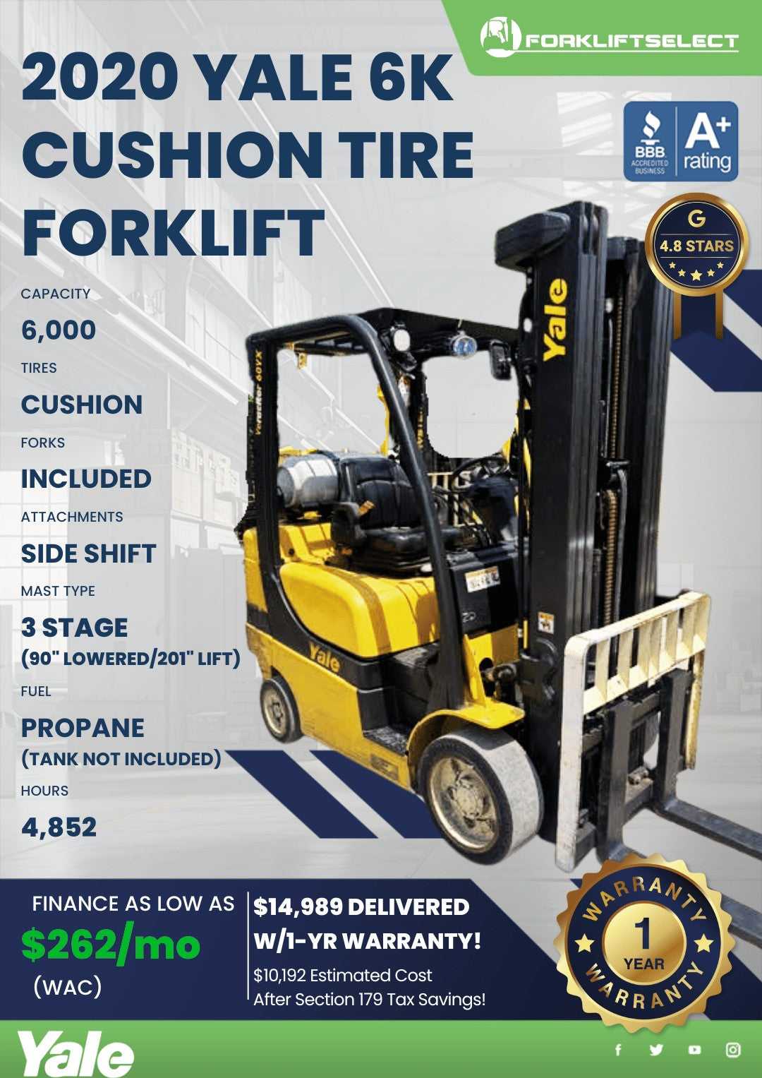 2020 Yale 6K Cushion Tire Forklift