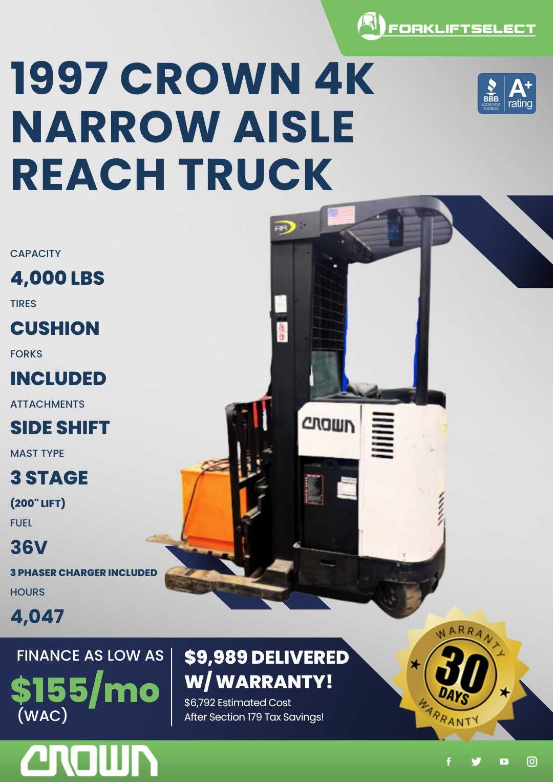 1997 Crown 4K Cushion Tire Forklift...