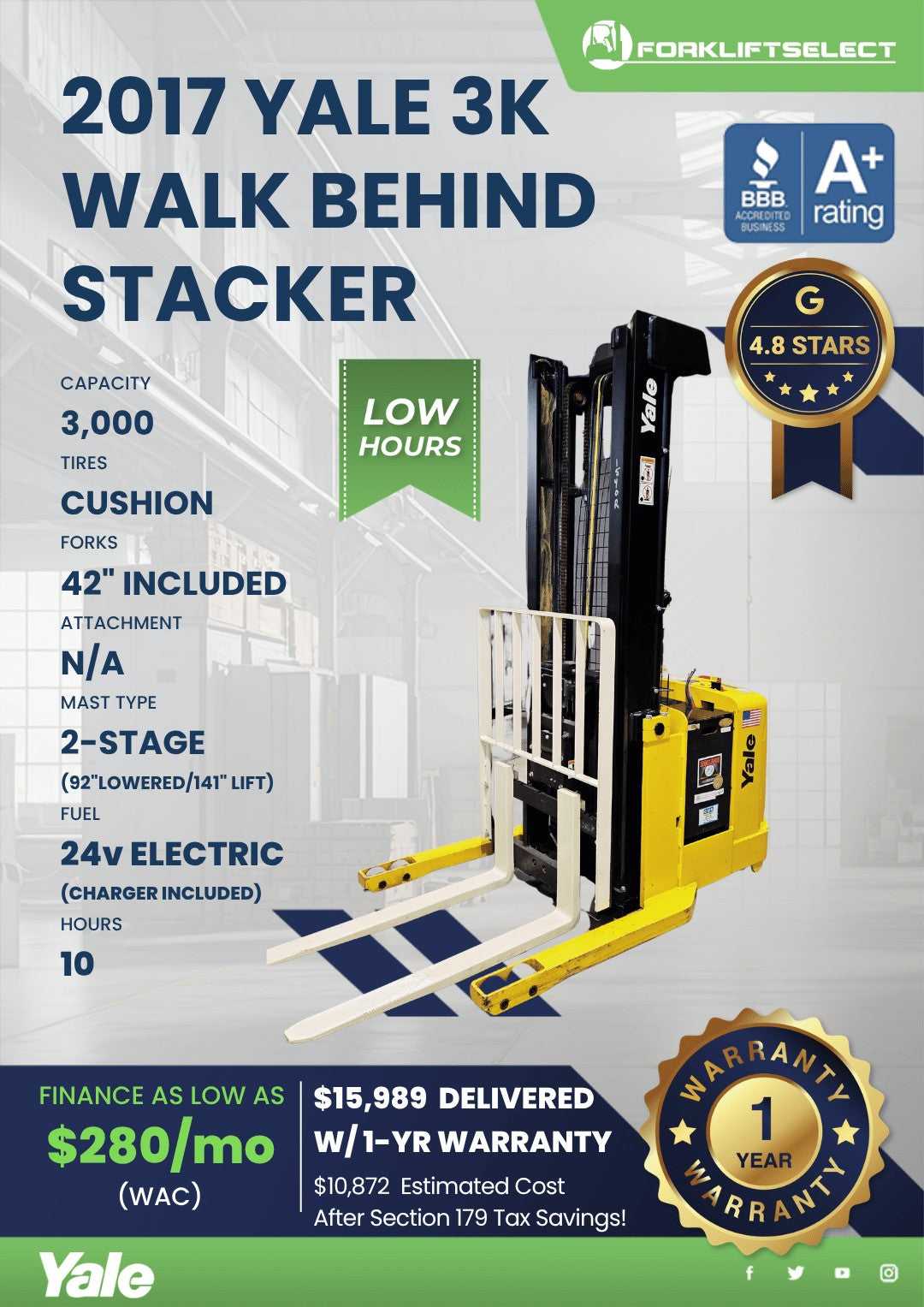 2017 Yale 3K Cushion Tire Forklift
