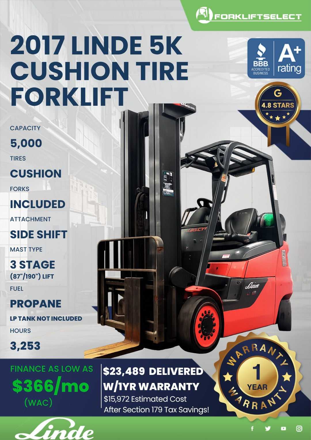 2017 Linde 5K Cushion Tire Forklift...