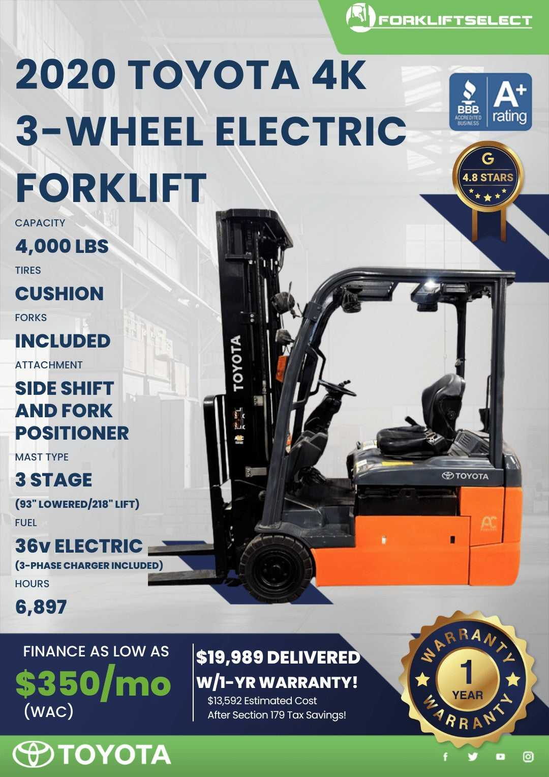 2020 Toyota 4K Cushion Tire Forklif...