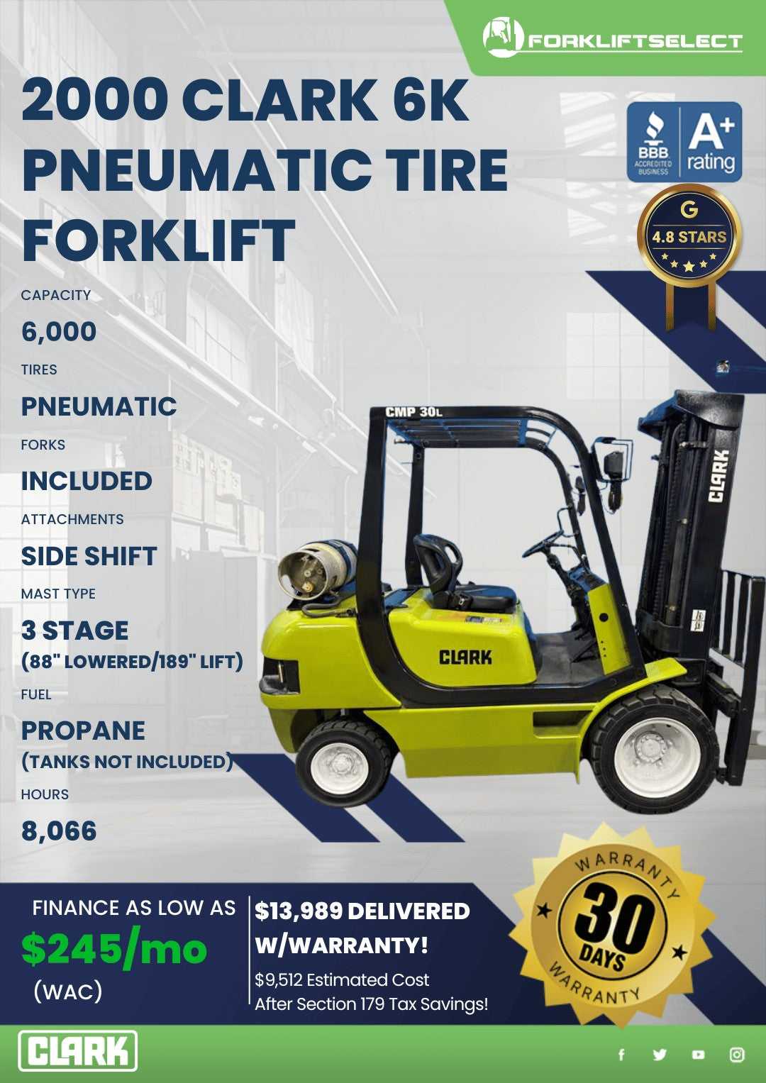 2000 Clark 6K Pneumatic Tire Forkli...