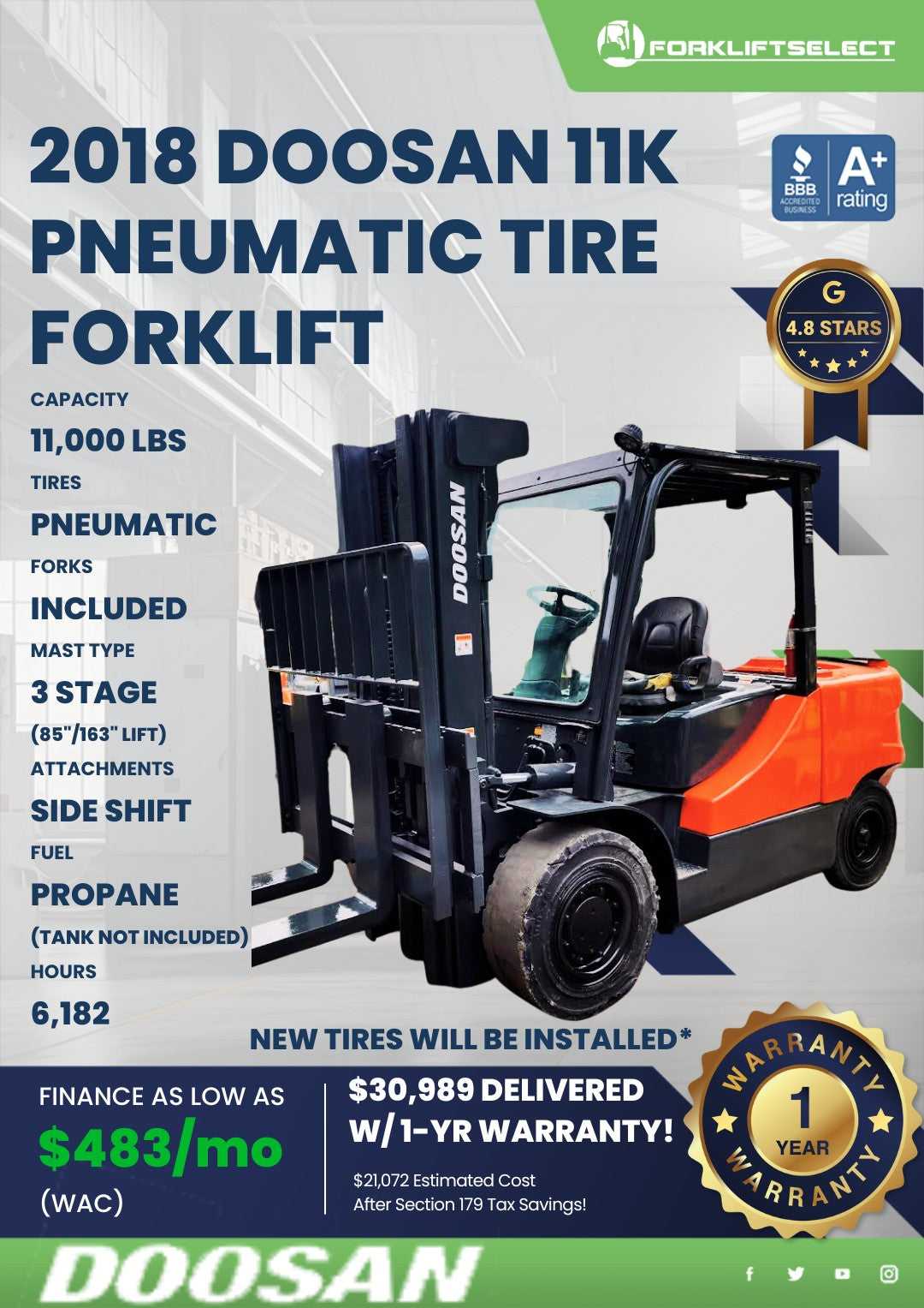 2018 Doosan 11K Pneumatic Tire Fork...