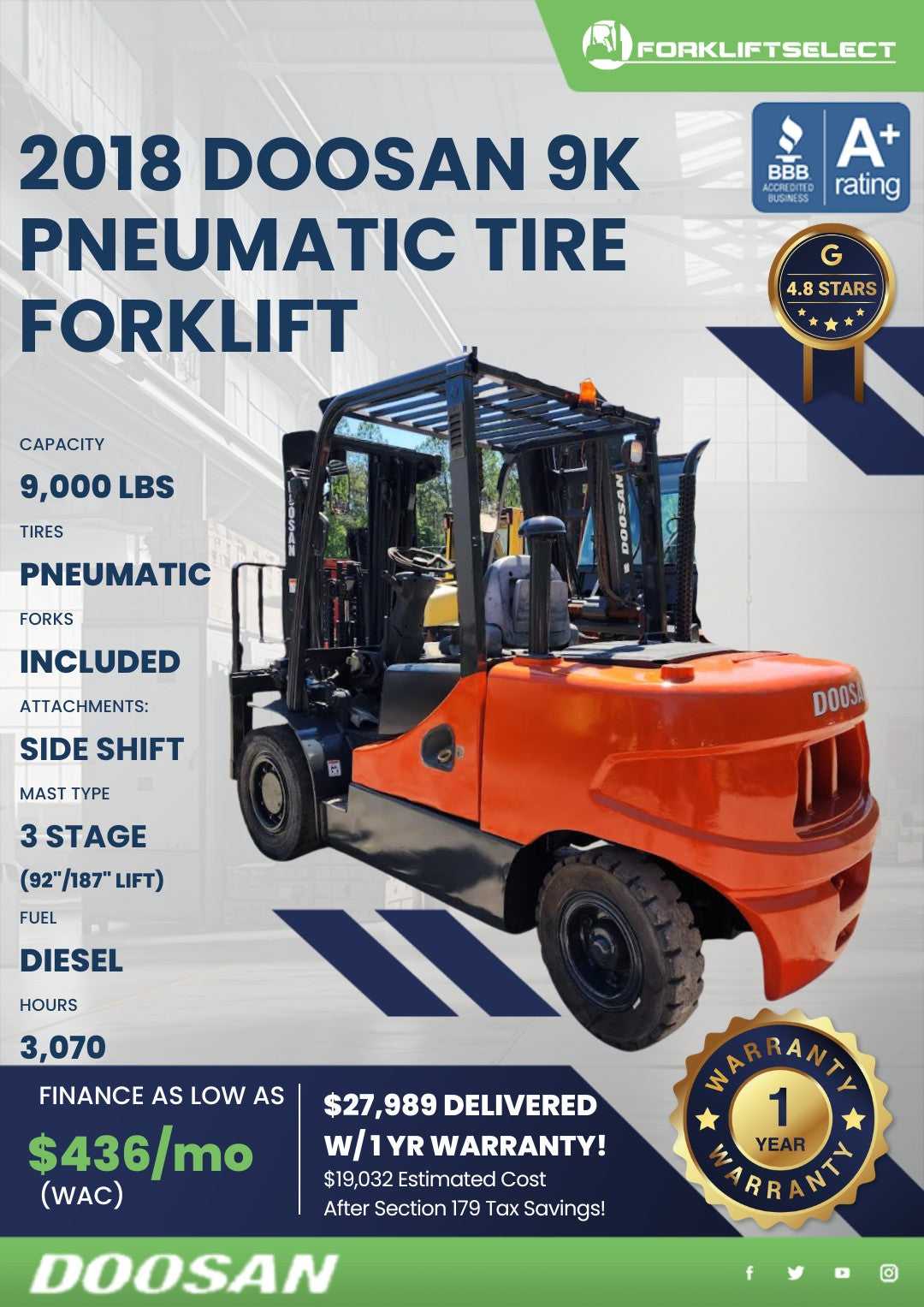 2018 Doosan 9K Pneumatic Tire Forkl...