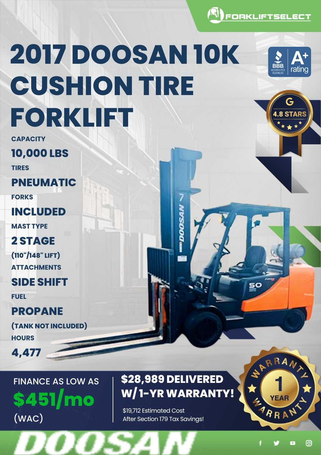 2017 Doosan 10K Cushion Tire Forkli...