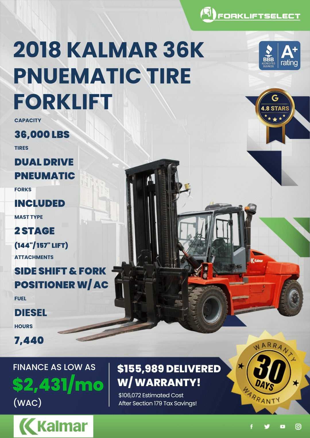 2018 Kalmar 36K Pneumatic Tire Forklift