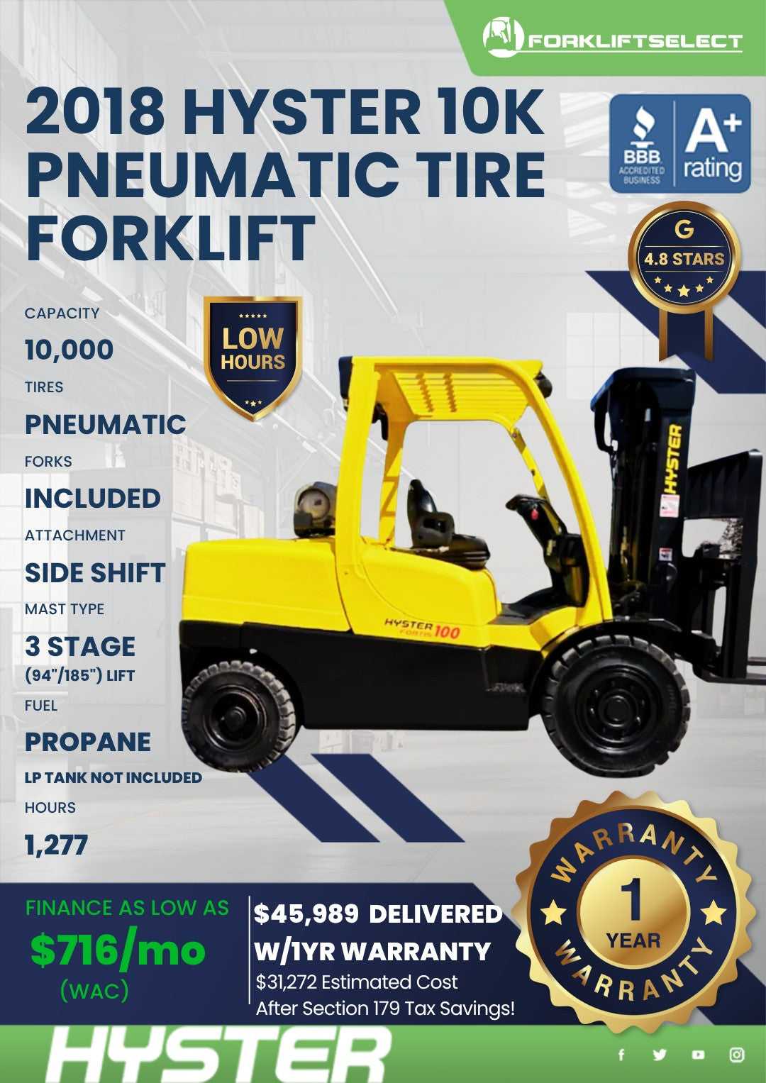 2018 Hyster 10K Pneumatic Tire Fork...