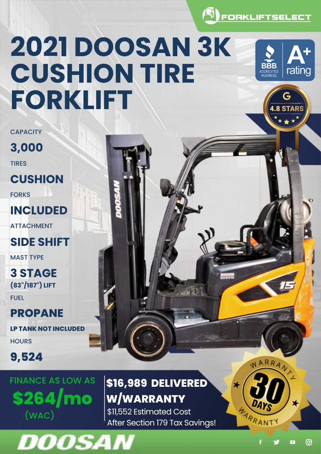 2021 Doosan 3K Cushion Tire Forklif...