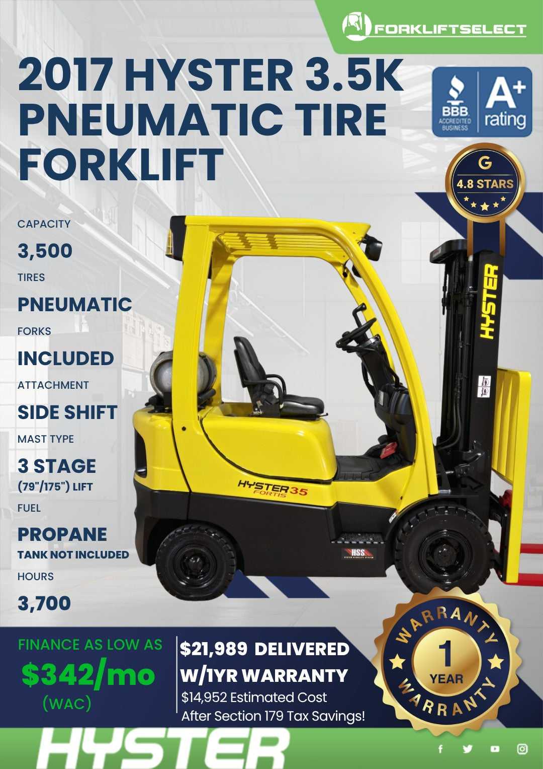 2017 Hyster 3.5K Pneumatic Tire For...