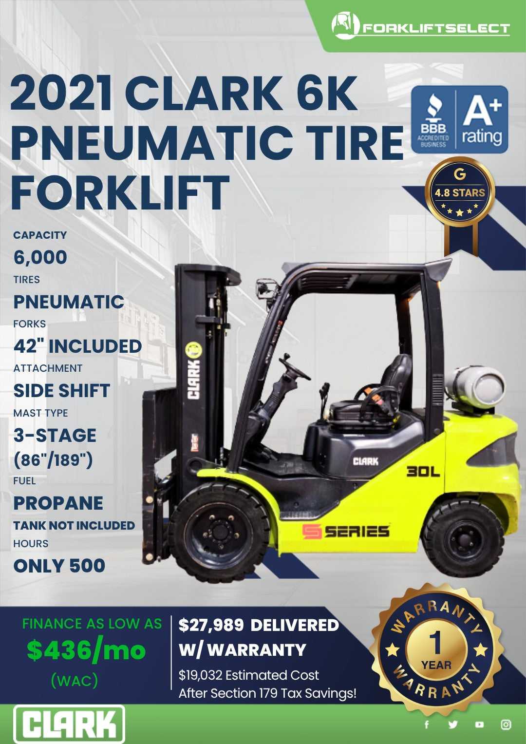 2021 Clark 6K Pneumatic Tire Forkli...