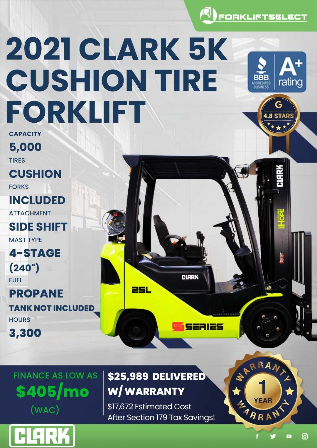 2021 Clark 5K Cushion Tire Forklift...