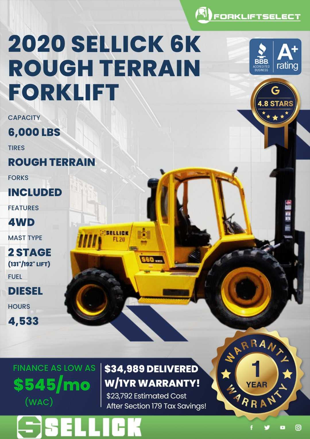 2020 Sellick 6K Pneumatic Tire Forklift