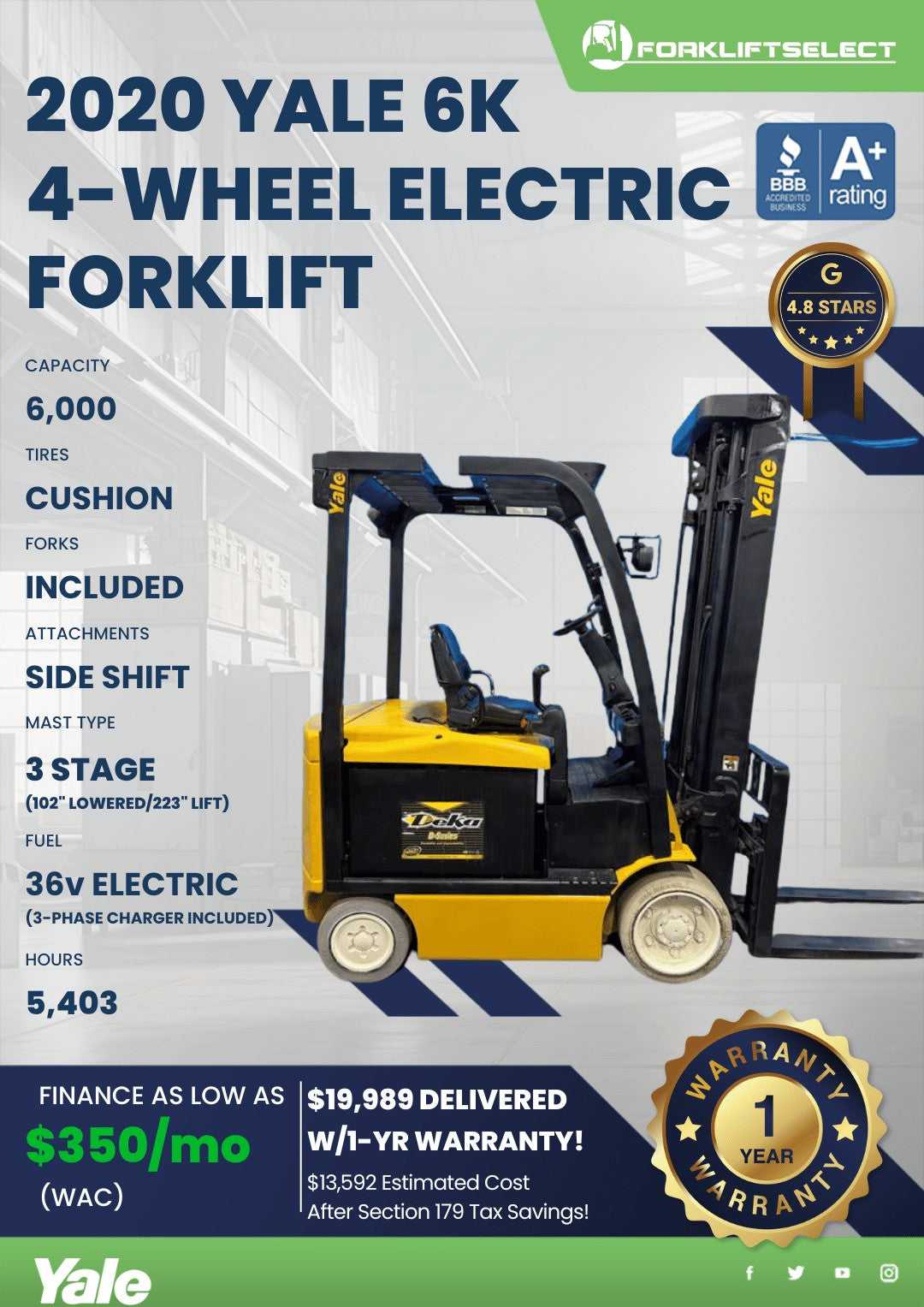 2020 Yale 6K Cushion Tire Forklift