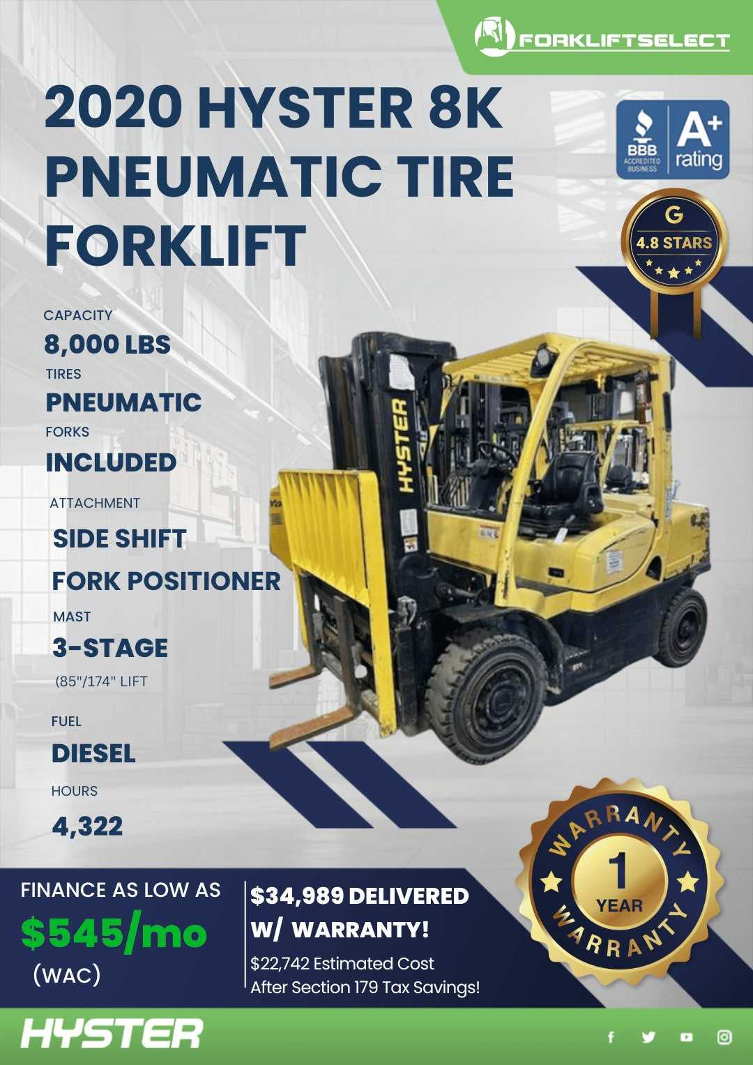 2020 Hyster 8K Pneumatic Tire Forkl...