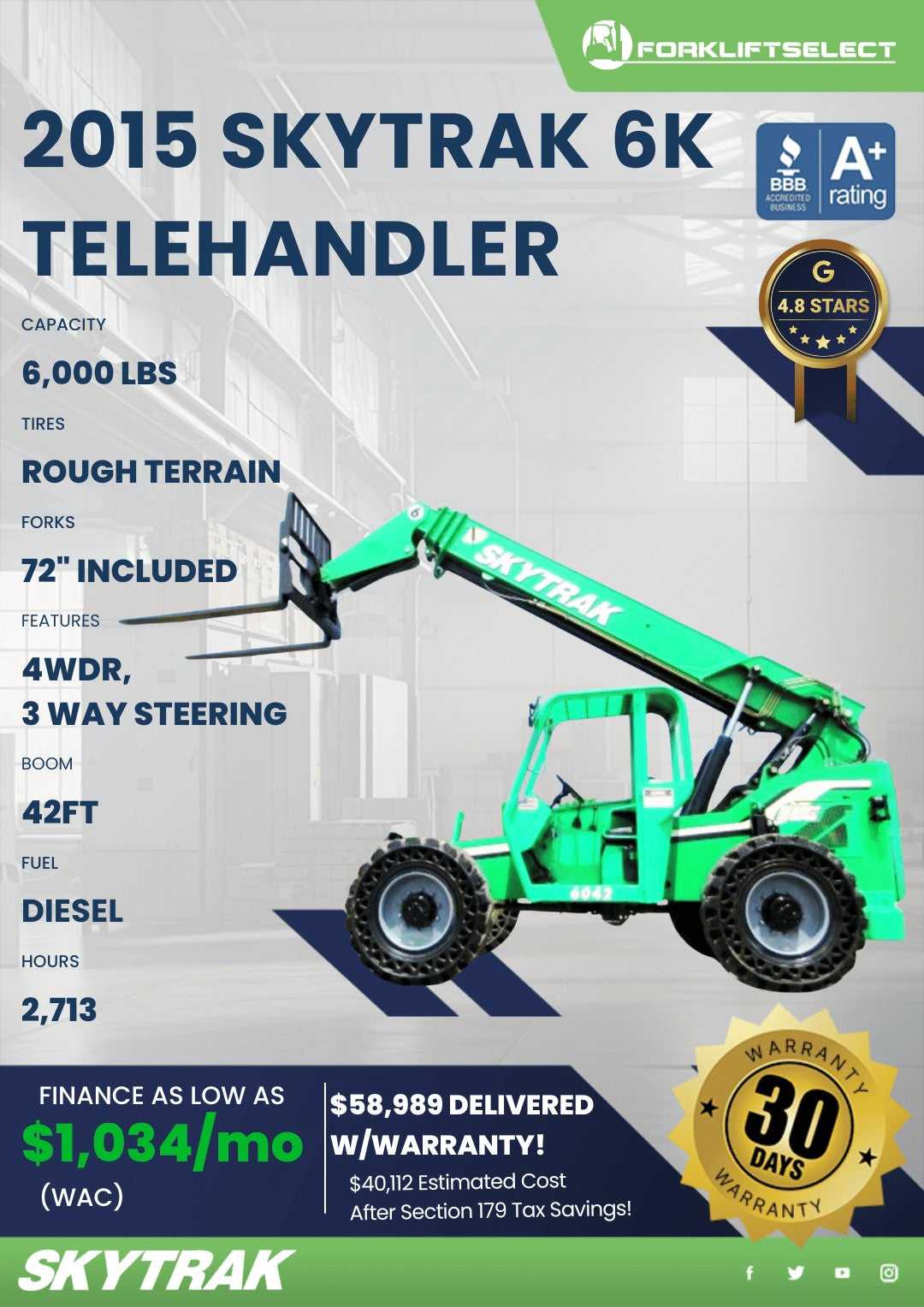 2015 SkyTrak 6K Pneumatic Tire Forklift