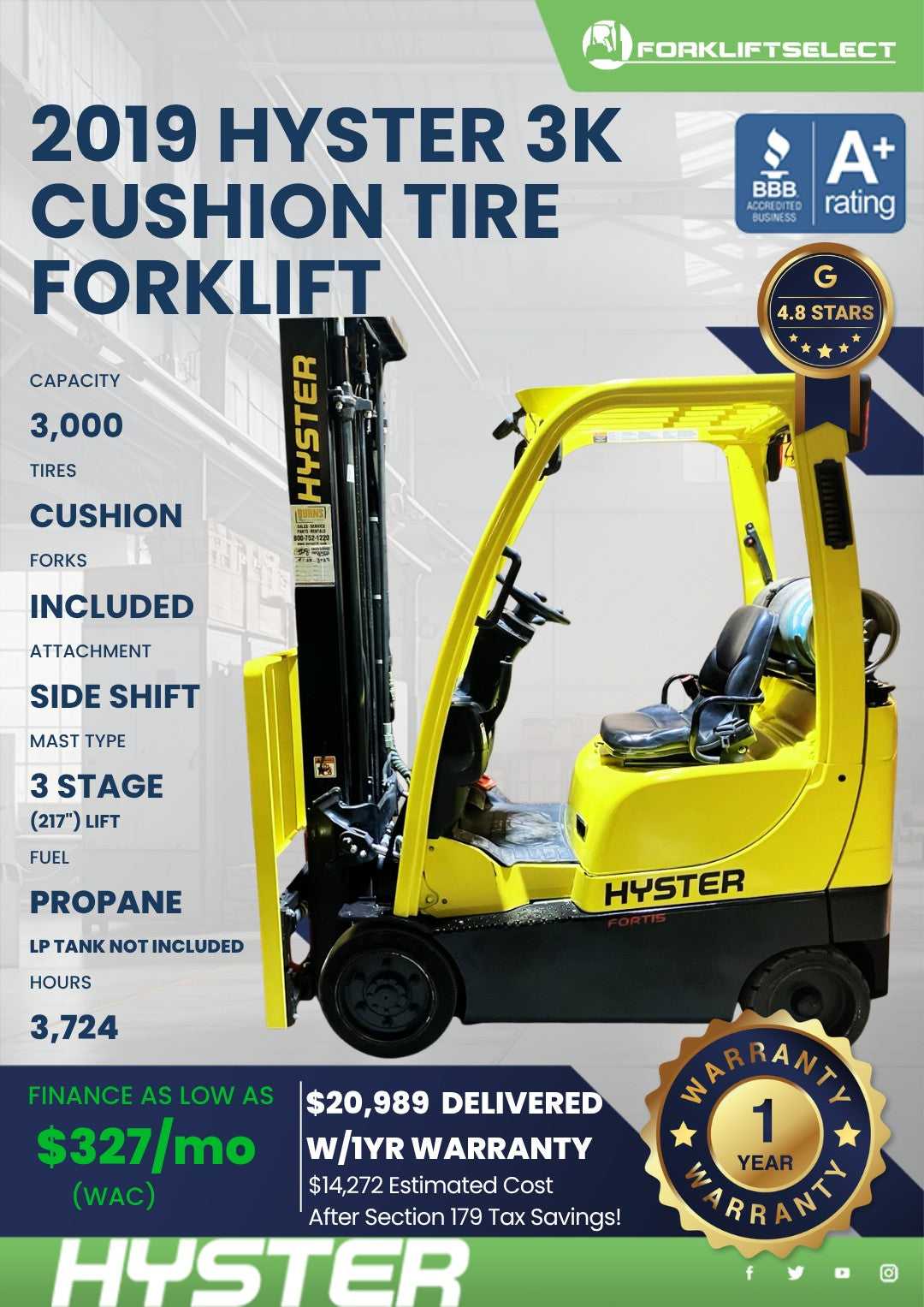 2019 Hyster 3K Cushion Tire Forklif...