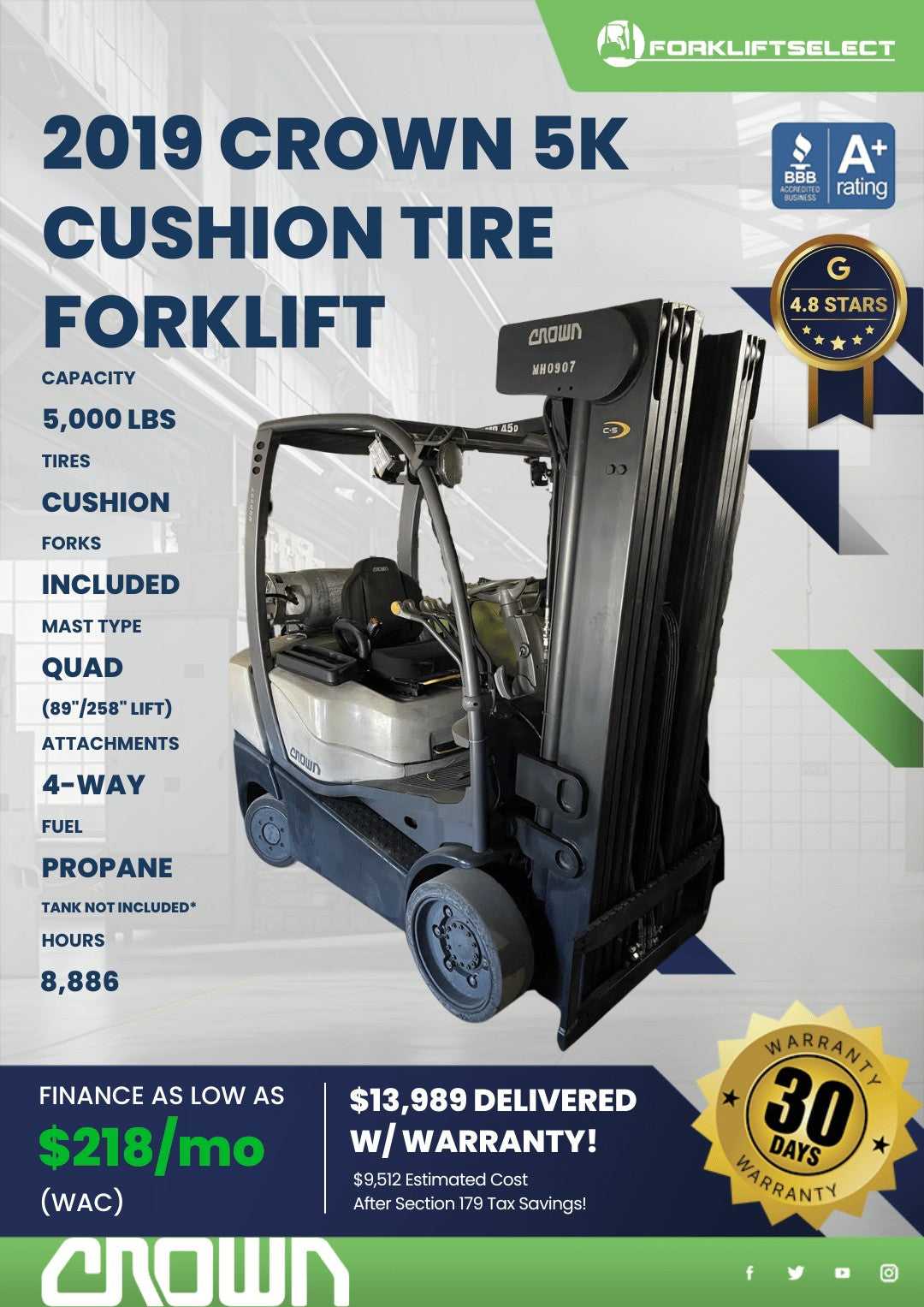 2019 Crown 5K Cushion Tire Forklift...