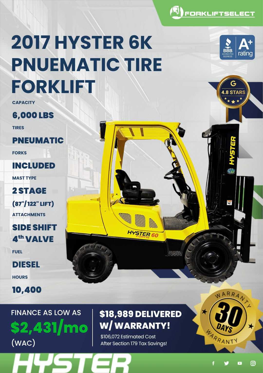2017 Hyster 6K Pneumatic Tire Forkl...