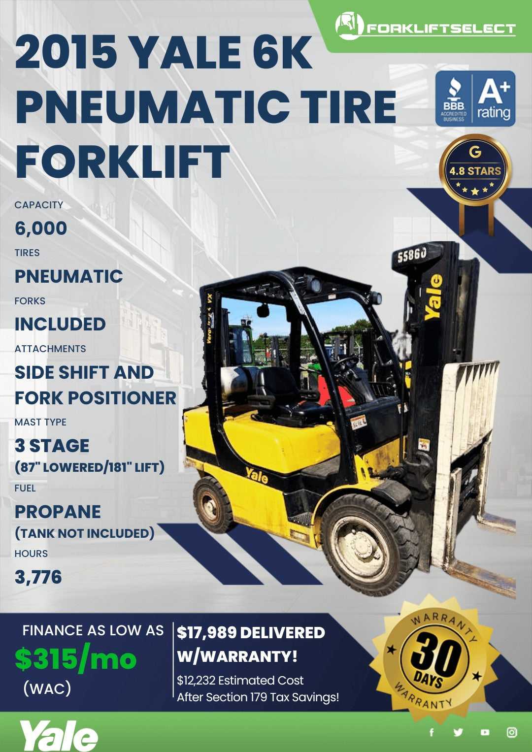 2015 Yale 6K Pneumatic Tire Forklif...