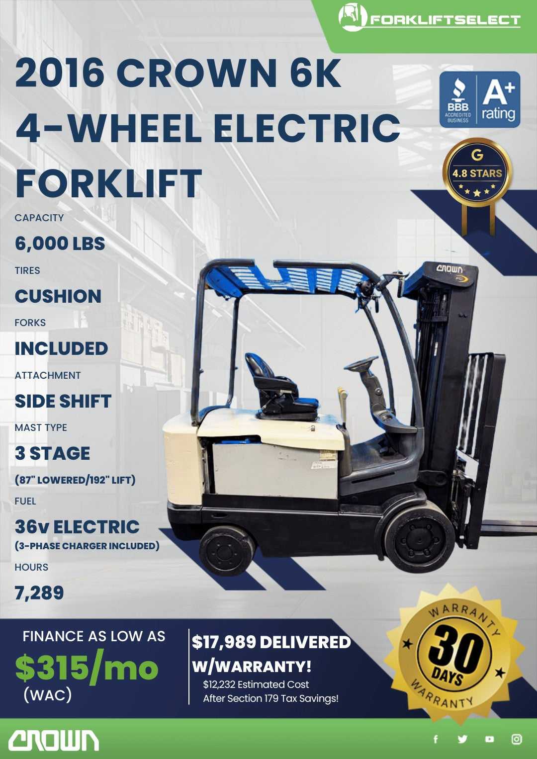 2016 Crown 6K Cushion Tire Forklift...