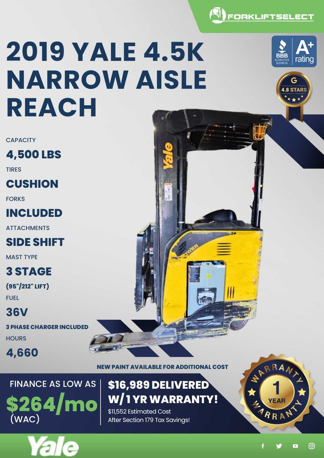 2019 Yale 4.5K Cushion Tire Forklif...