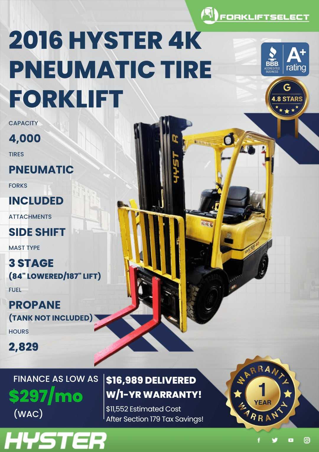 2016 Hyster 4K Pneumatic Tire Forkl...