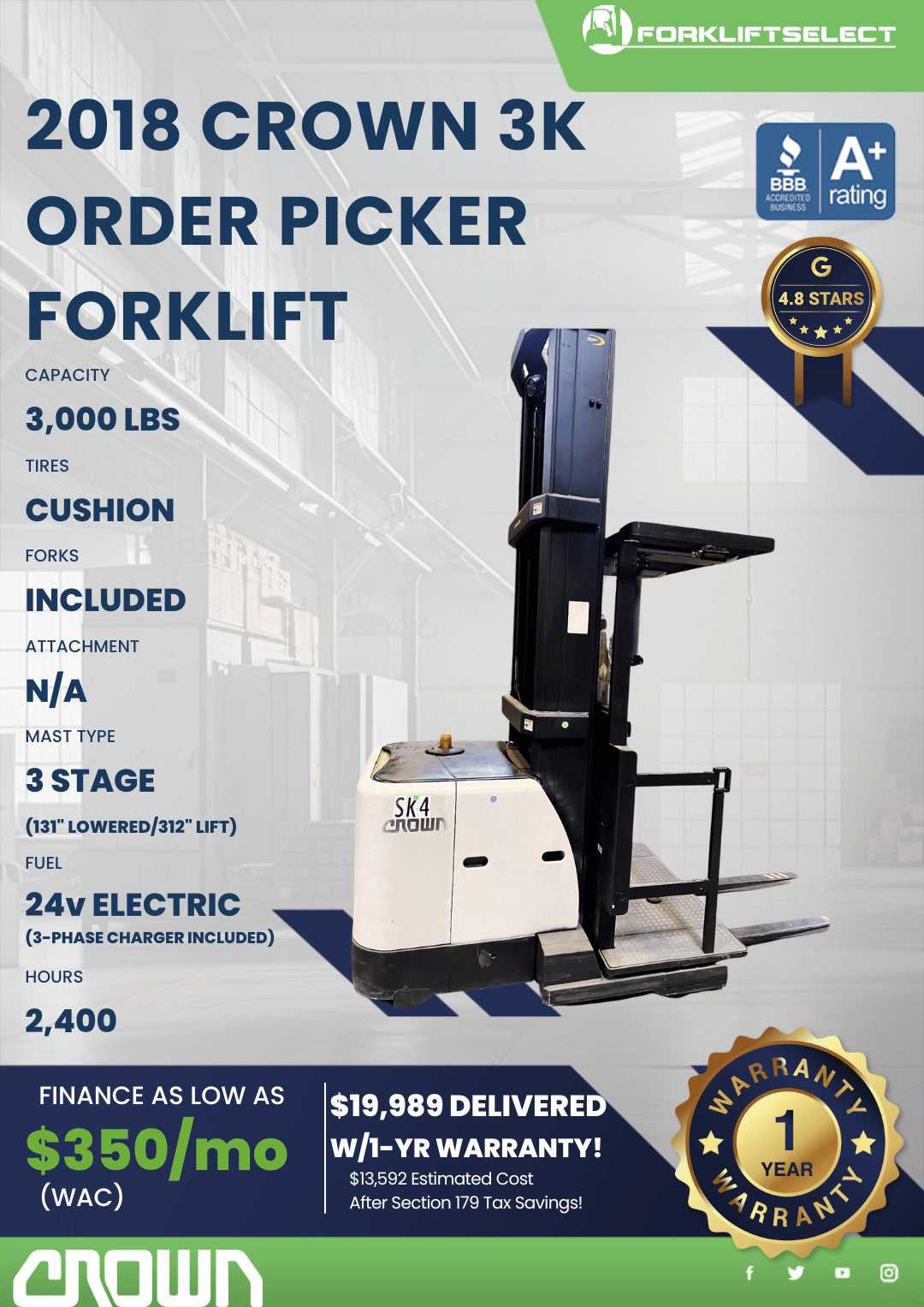 2018 Crown 3K Cushion Tire Forklift...