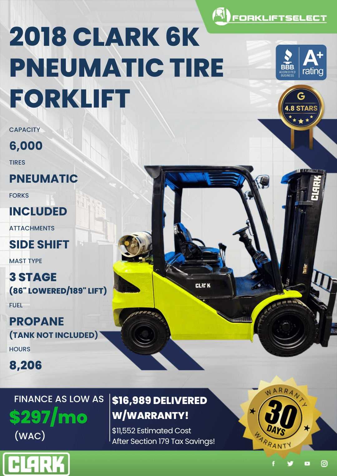 2018 Clark 6K Pneumatic Tire Forkli...