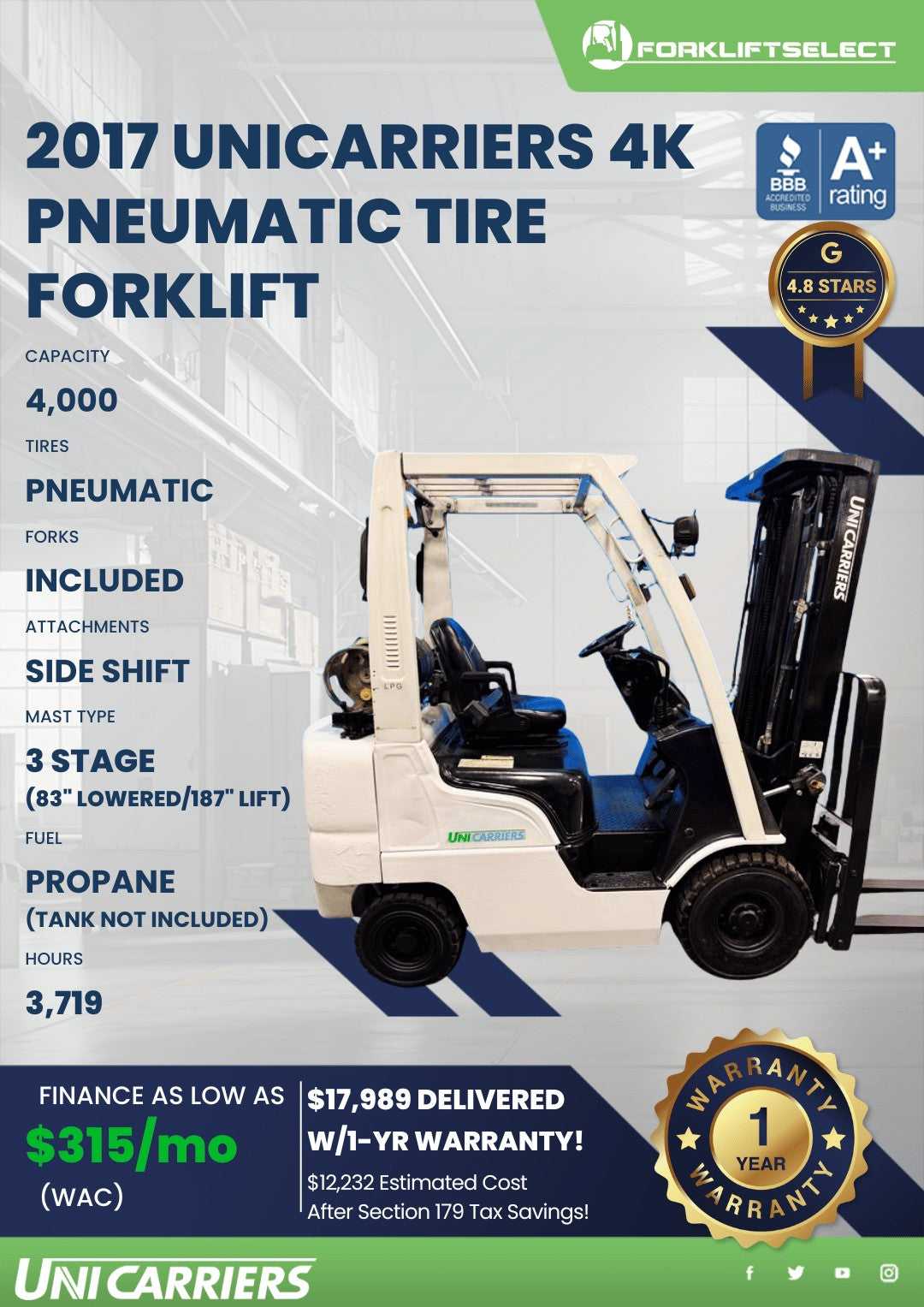 2017 UniCarriers 4K Pneumatic Tire ...