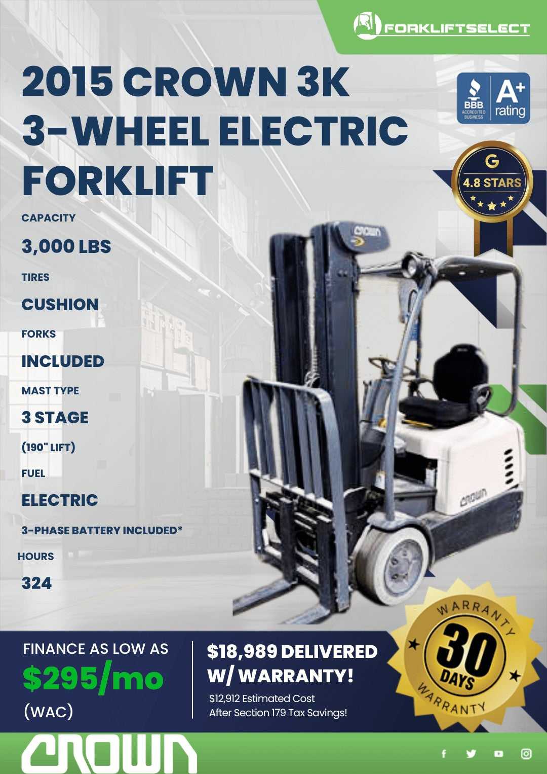 2015 Crown 3K Cushion Tire Forklift...