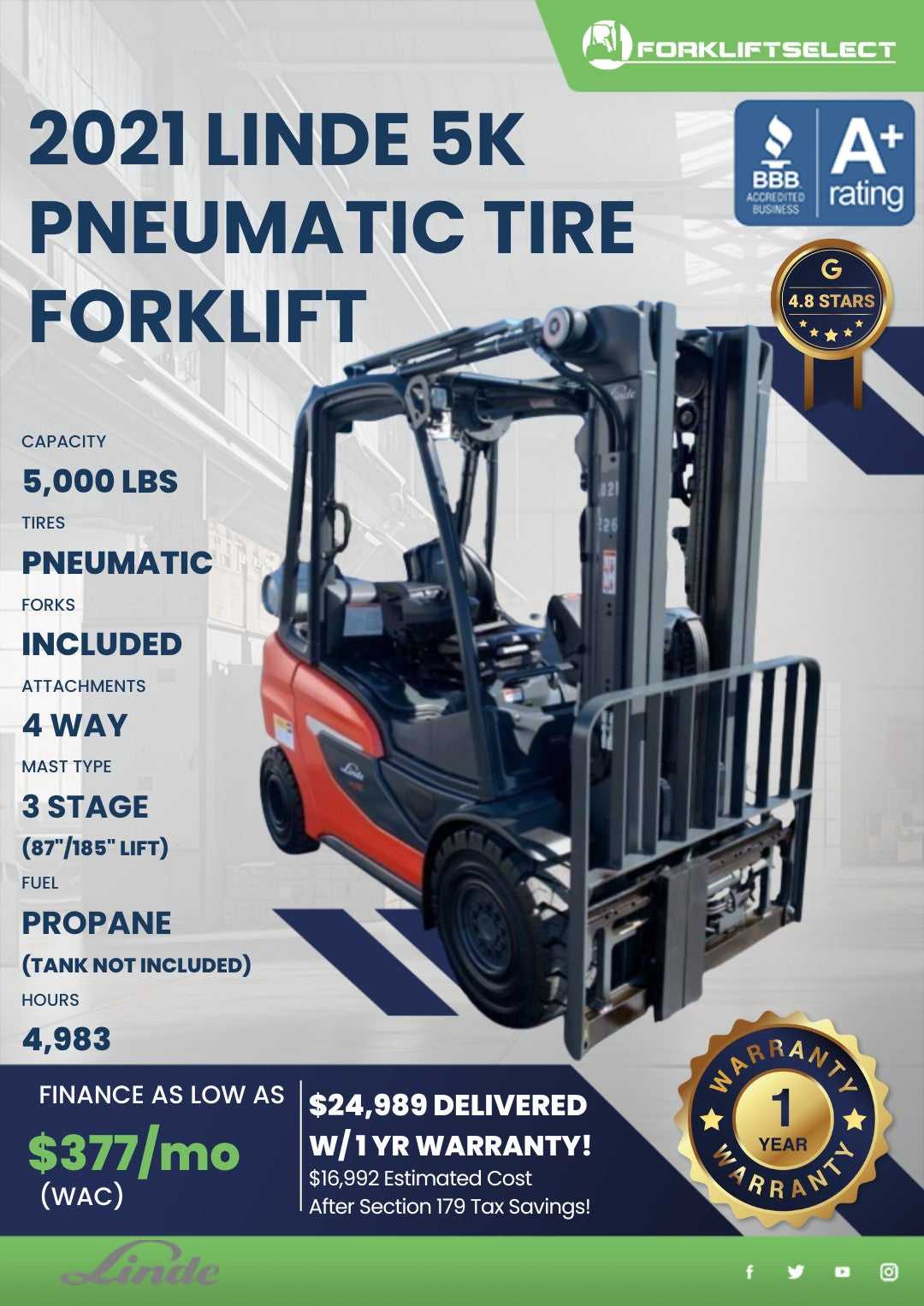 2021 Linde 5K Pneumatic Tire Forkli...