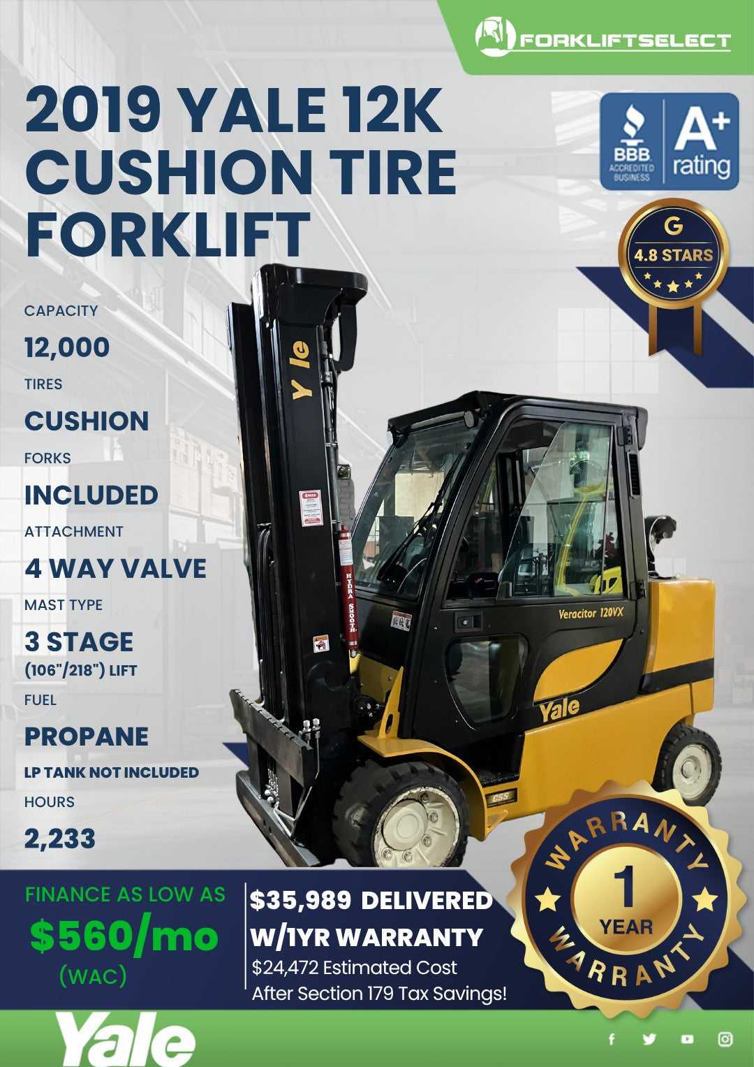 2019 Yale 12K Cushion Tire Forklift...