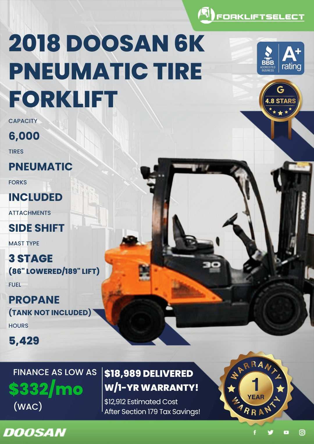 2018 Doosan 6K Pneumatic Tire Forkl...