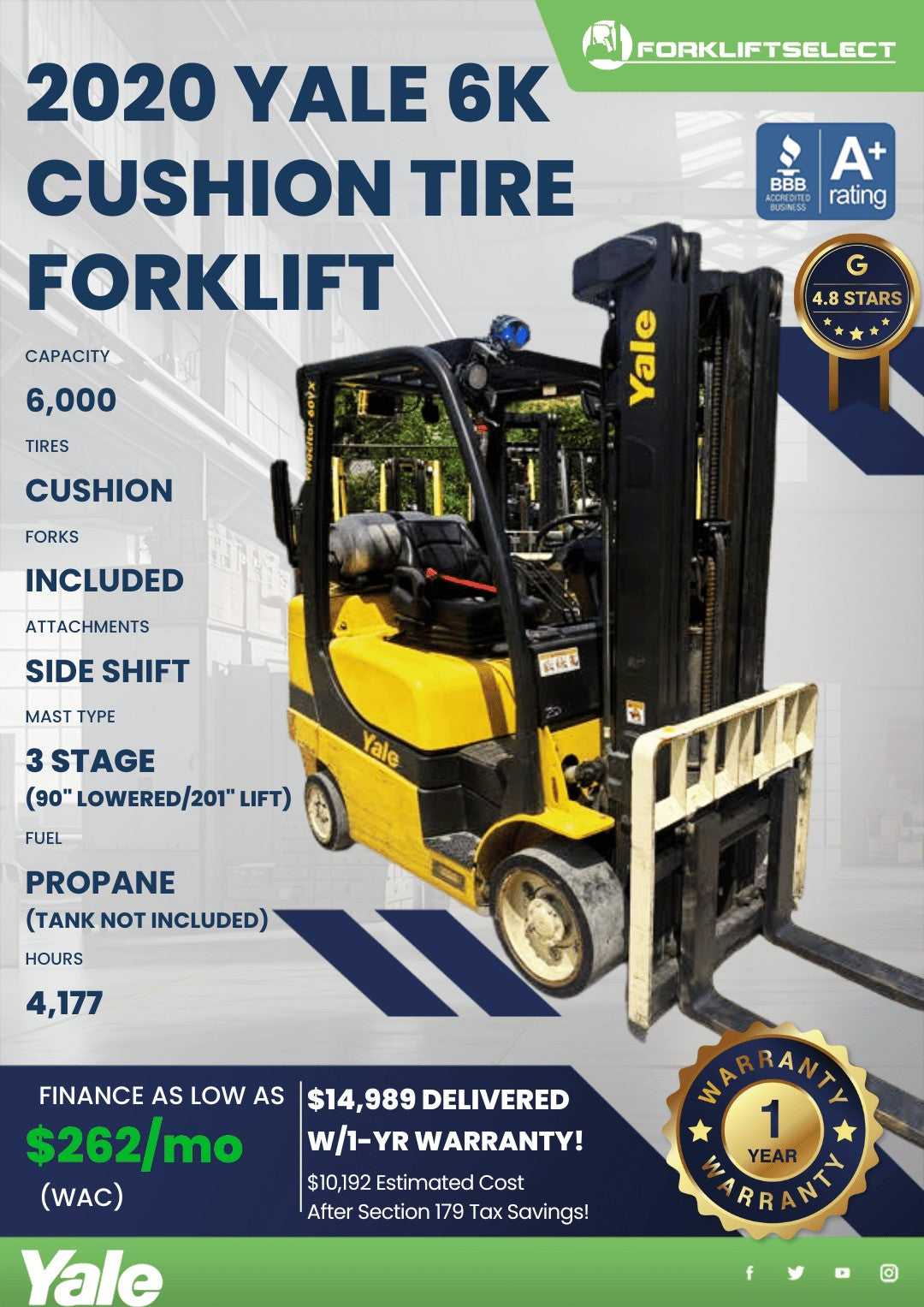 2020 Yale 6K Cushion Tire Forklift