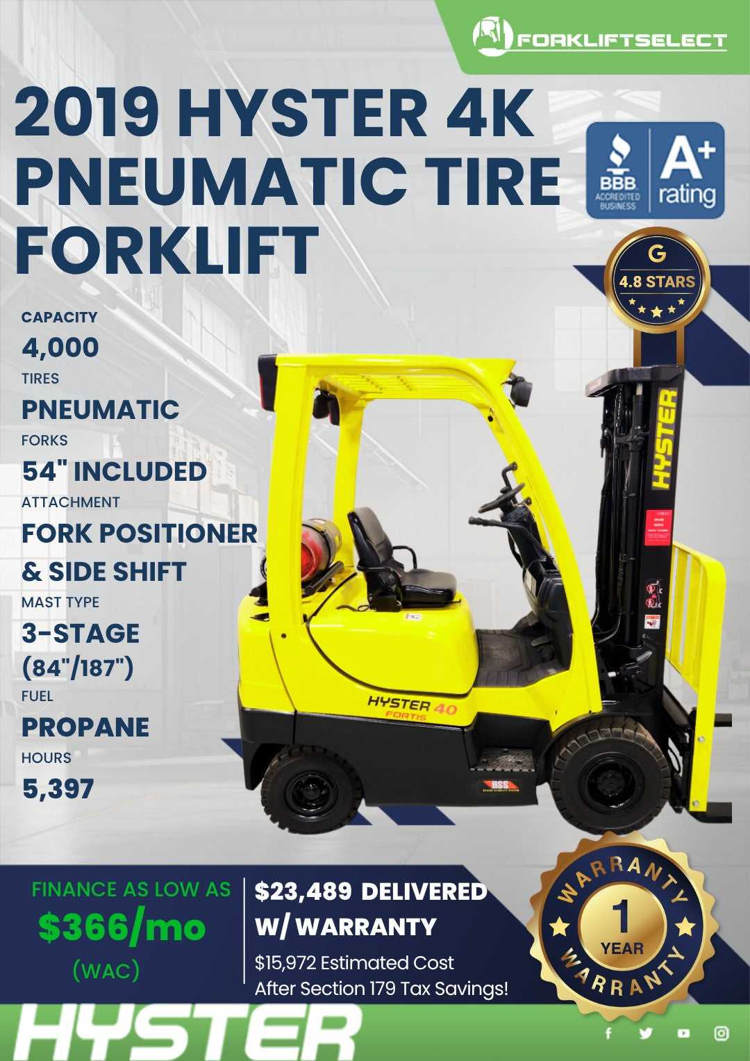 2019 Hyster 4K Pneumatic Tire Forkl...