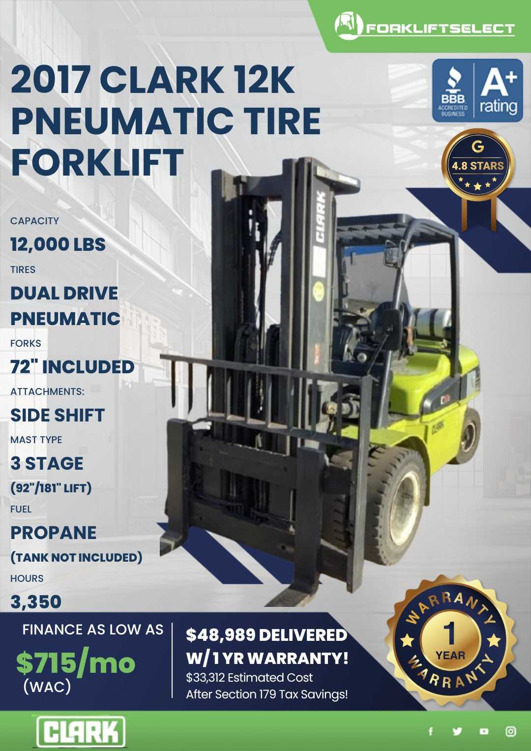 2017 Clark 12K Pneumatic Tire Forkl...