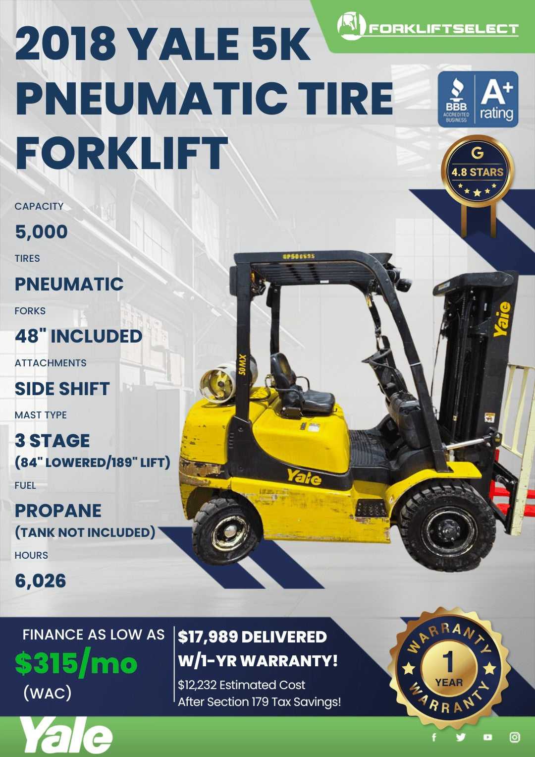 2018 Yale 5K Pneumatic Tire Forklif...