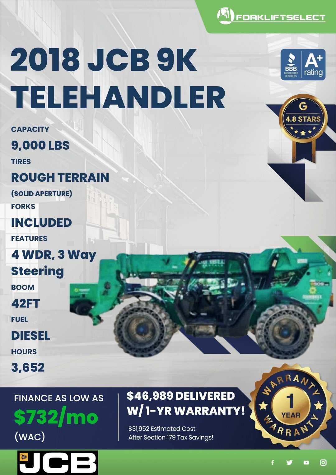 2018 JCB 9K Pneumatic Tire Forklift