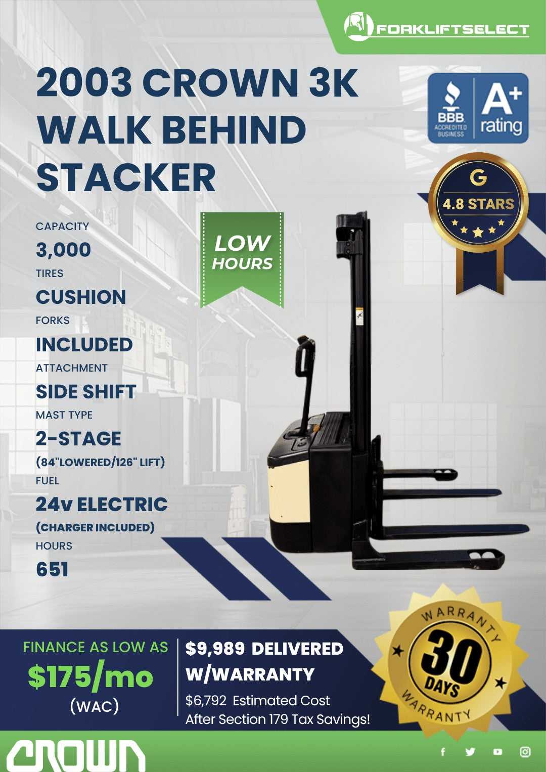 2003 Crown 3K Cushion Tire Forklift...