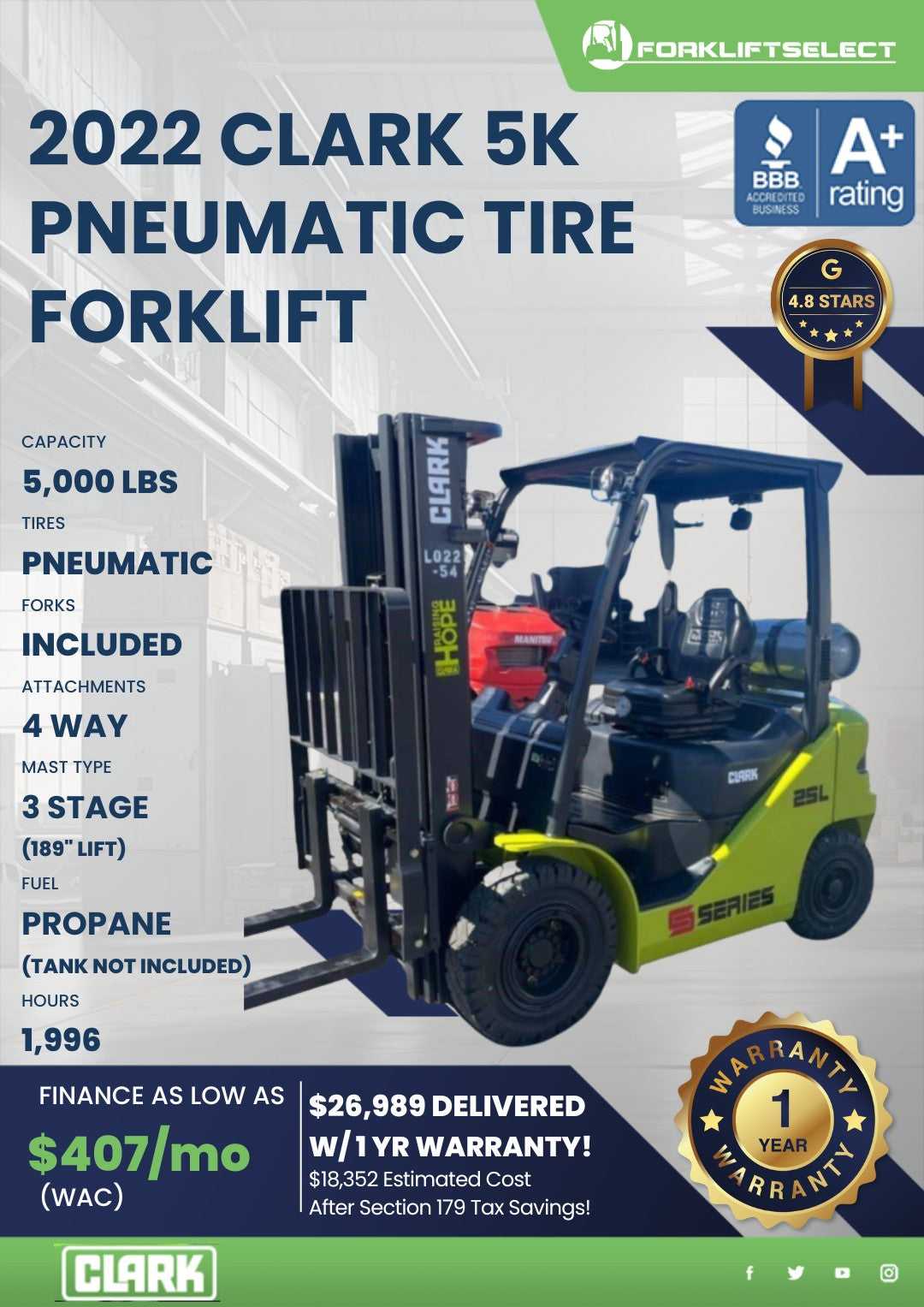 2022 Clark 5K Pneumatic Tire Forkli...