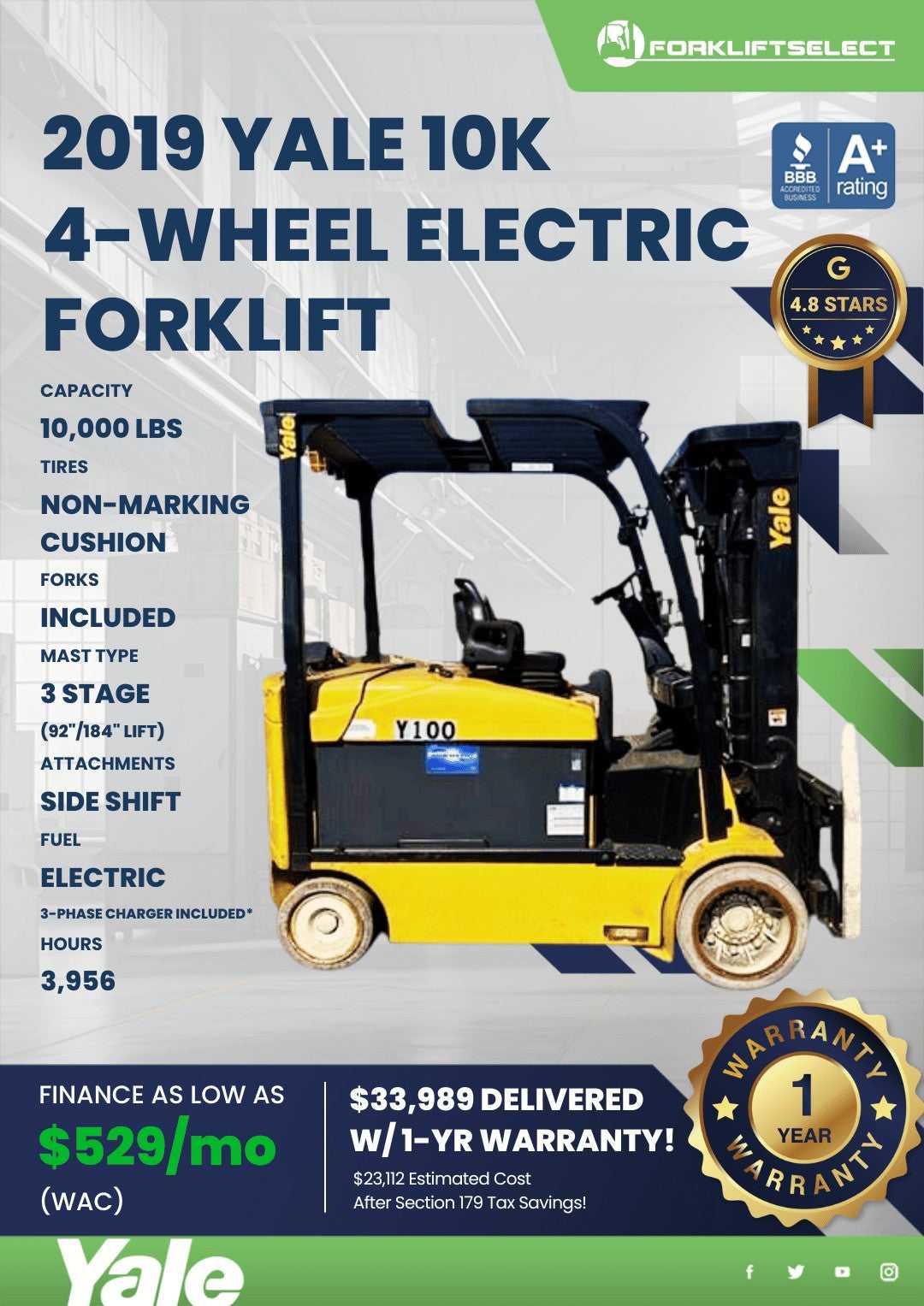 2019 Yale 10K Cushion Tire Forklift...